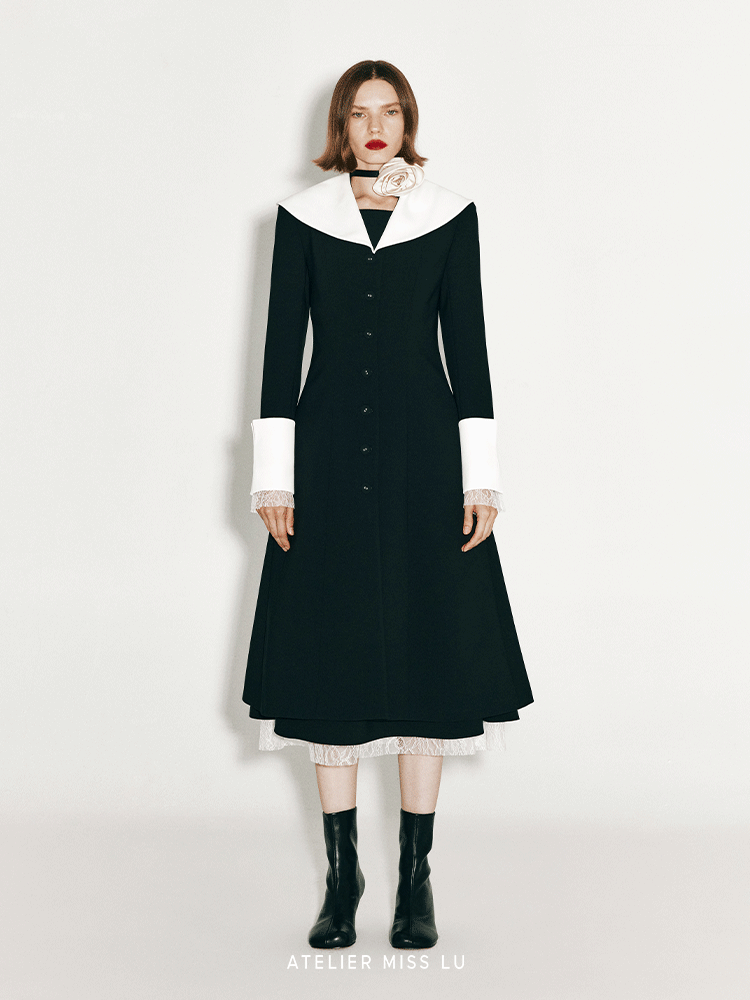 ATELIER MISS LU lapel contrast patchwork receiver waist dress - AVALON.