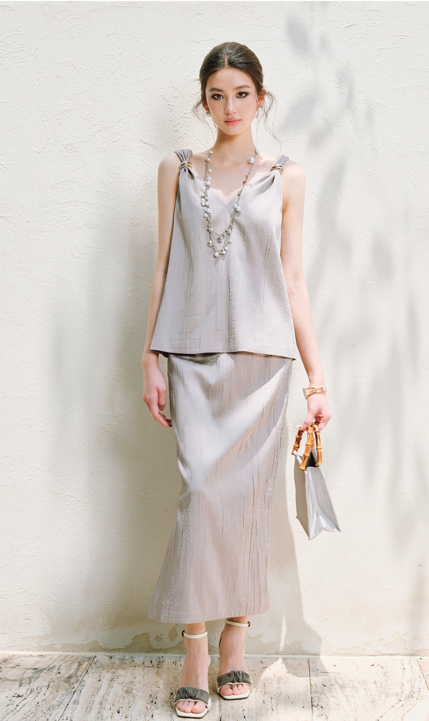 WANGXO | Lazy Precious Metal Shoulder Loop Loose Top & Straight Skirt Set with Sculpted Grace- VERA