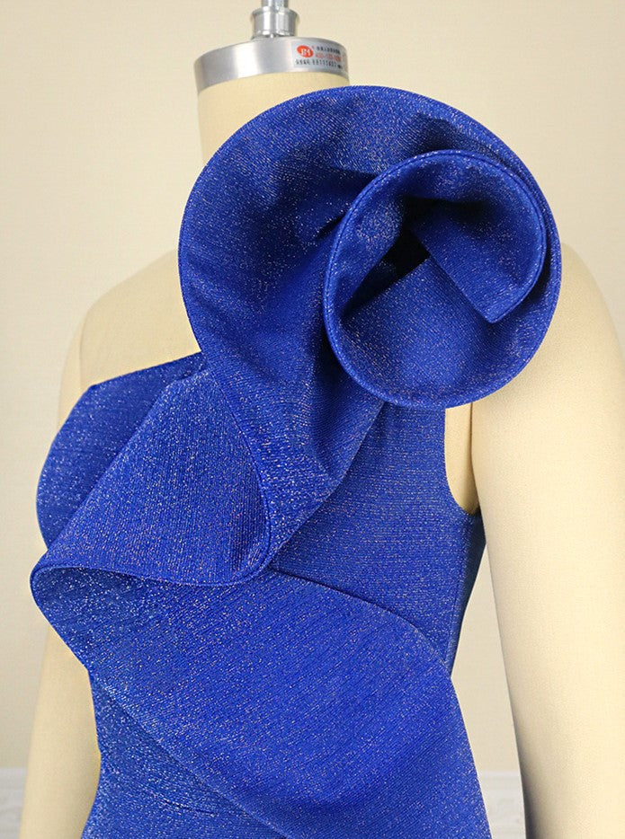 DOLLY Elegant Blue Retro Style Ruffled Off Shoulder Long Slim Fit Slit Dinner Dress-CHITA