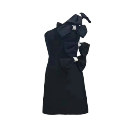 DOLLY High End Black Sleeveless Bow Off Shoulder Slim Fit Short Chic Date Dress-JUNEY