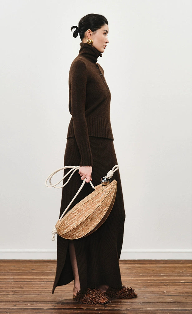 ZHUCHONGYUN Dark brown slim lapel collar knit top-SPIFF.