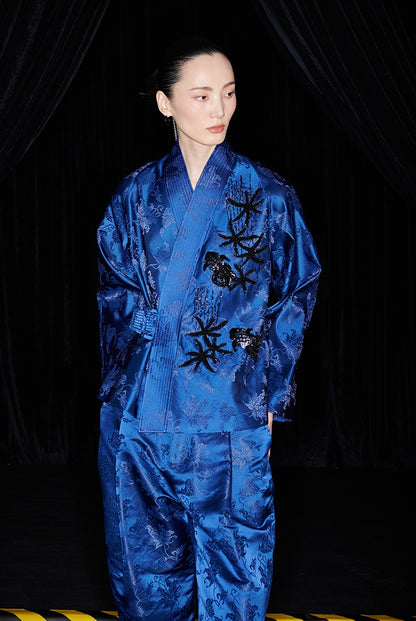 M essential Mackay designer sea green jacquard gag fish algae pattern nail bead jacket - ZYAN.