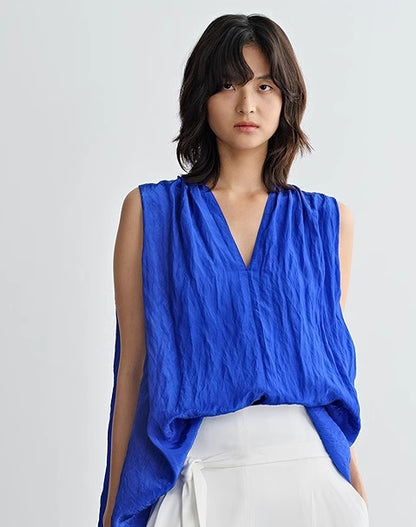 COMME MOI Women's Sleeveless V-Neck Draped Shirt blue Top - SAMUEL.