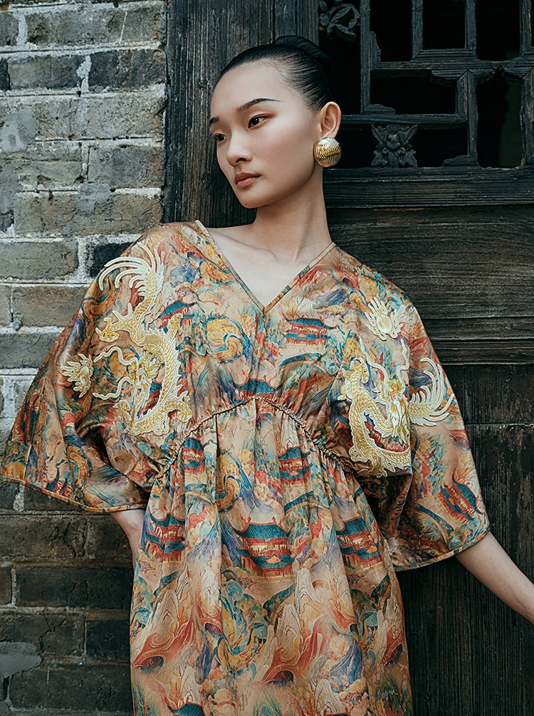 HECO Chinese Waist Cinched V-Neck Dress - QIN