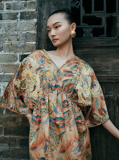 HECO Chinese Waist Cinched V-Neck Dress - QIN