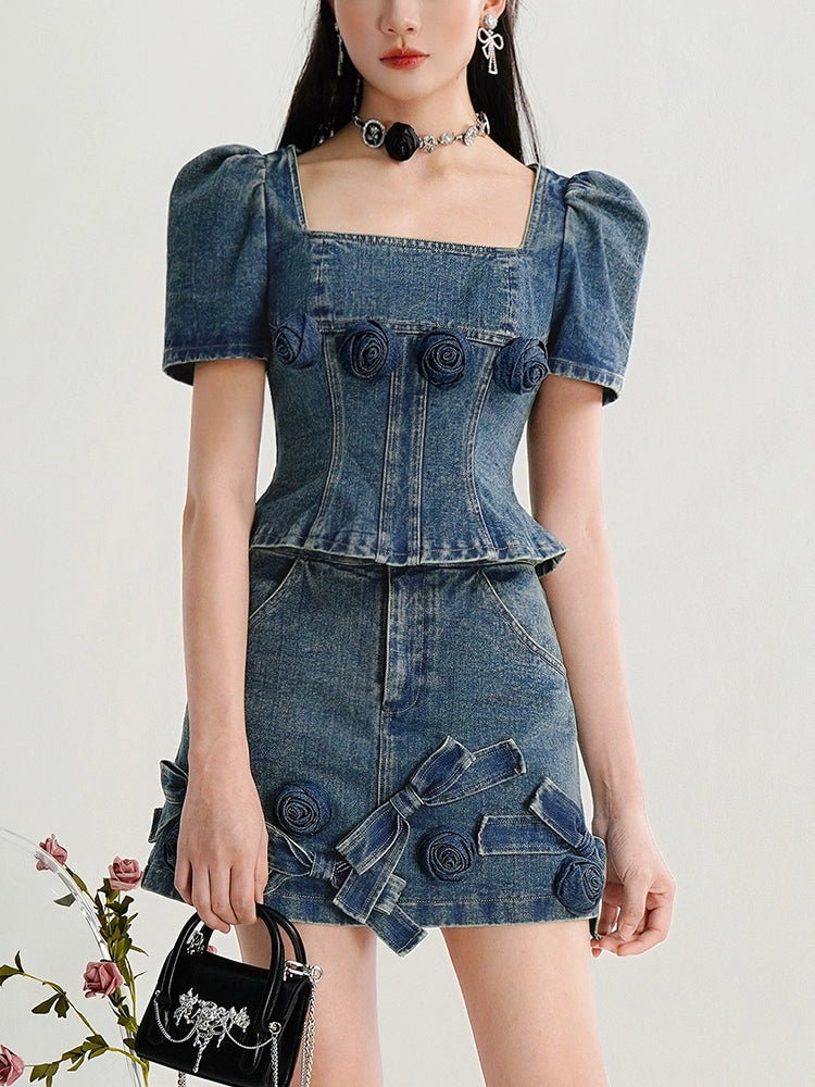 CHECOCRE Stubble Sweet Cool Girly Suit Hakama Denim Skirt Set- INDEFIN