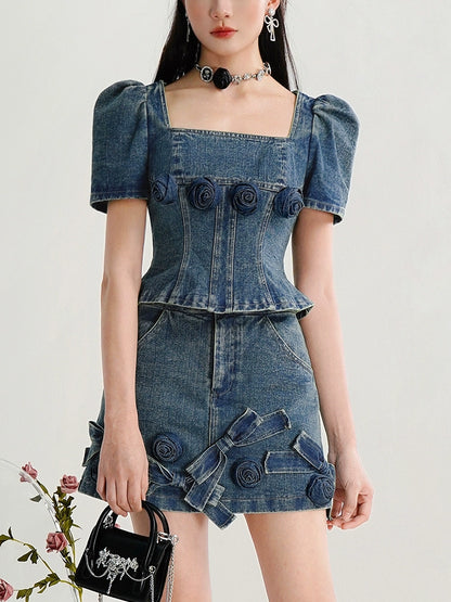CHECOCRE Stubble Sweet Cool Girly Suit Hakama Denim Skirt Set- INDEFIN