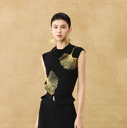 HECO Chinese draped skirt summer fashion ginkgo print skirt set - AFLORAL.