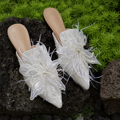 B-FEI white feather flower rhinestone flat mules-ARJO.