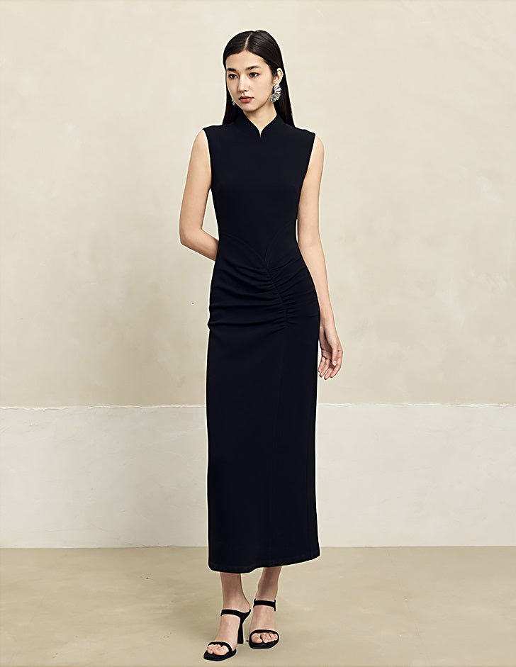 HECO Acetate Waist Black White Pleated Slim Dress Women - EARTH.