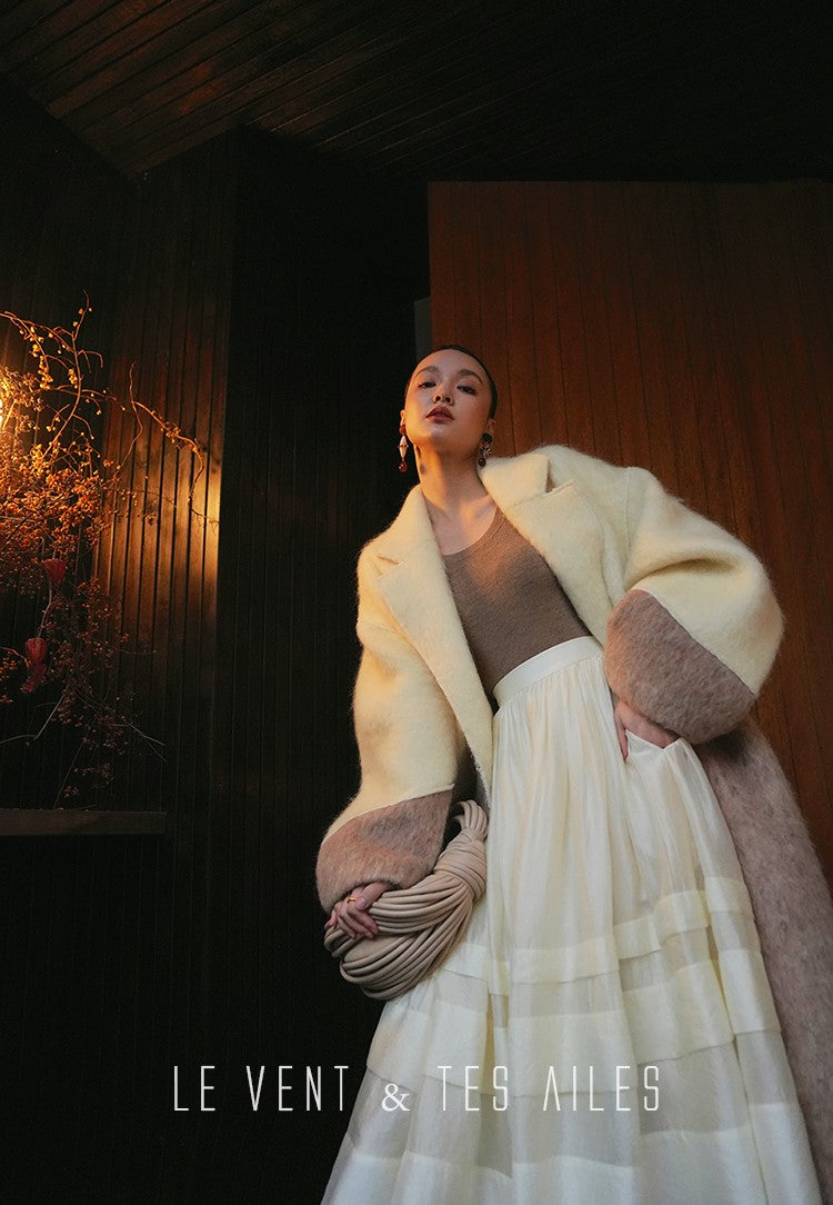 LE VENT&TES AILES French luxury fine long color-block wool coat -ALEC.