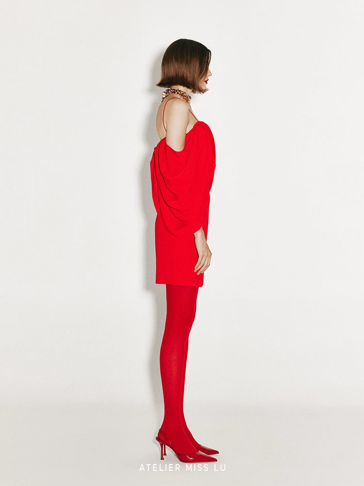 ATELIER MISS LU Irregular Draped Off-the-shoulder Slip Dress - MAGNIFY