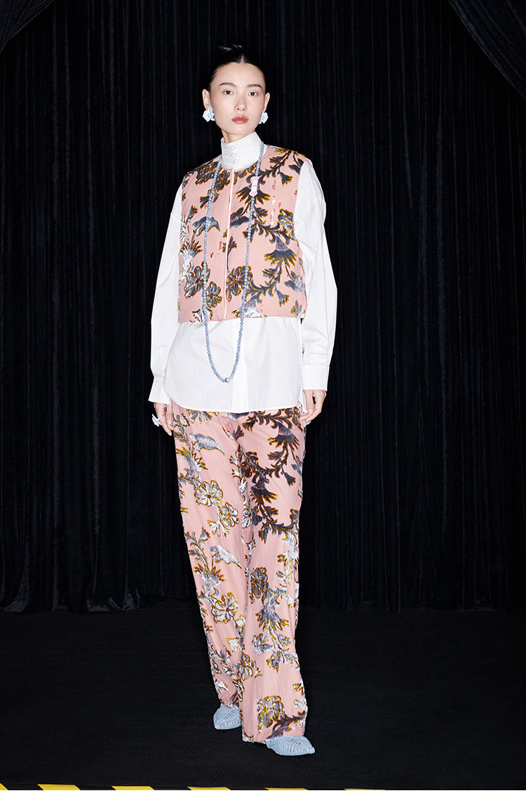 M essential Mackay designer blue velvet atelier beaded down vest - Nami.