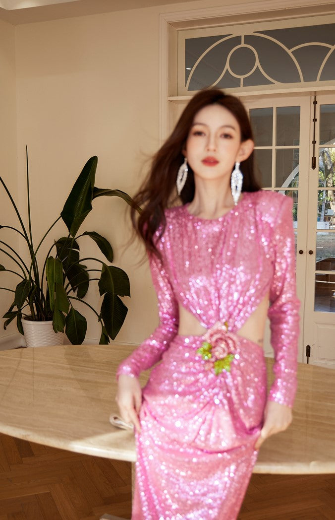 DOLLY Elegant Crew Neck Long Sleeve Slim Fit Sequin Long Evening Dress-IIANA