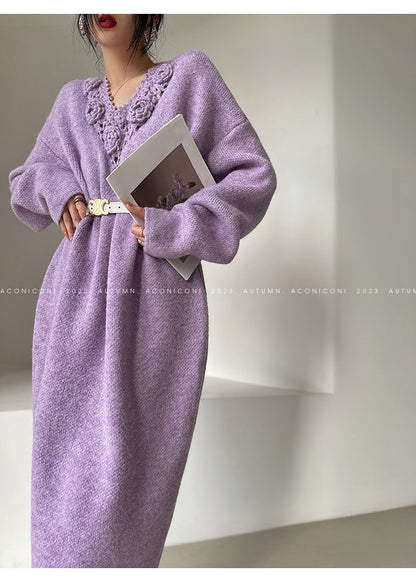 Aconiconi|Purple Flower Crochet openwork long cropped loose wool knit sweater  dress - Twilight