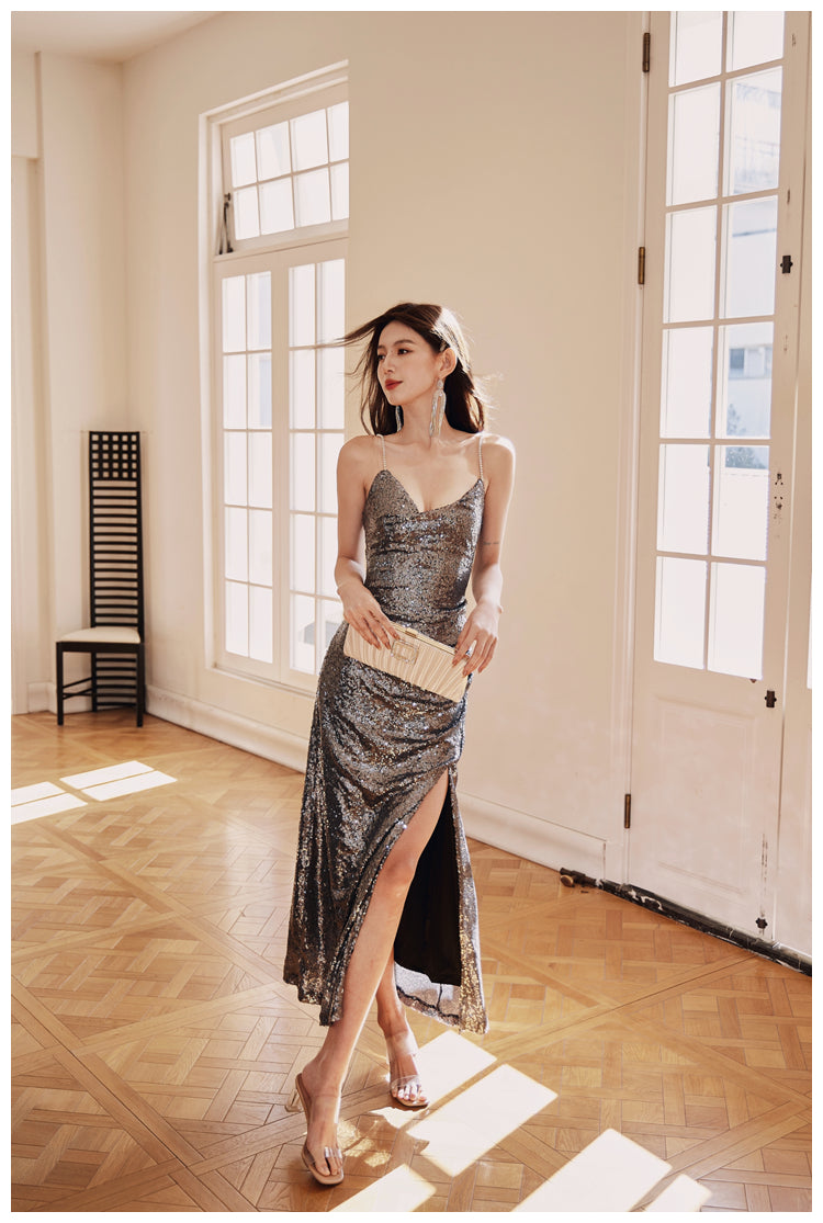 DOLLY High End V-Neck Sleeveless Long Slit Sequin Body Hug Evening Dress-KIM