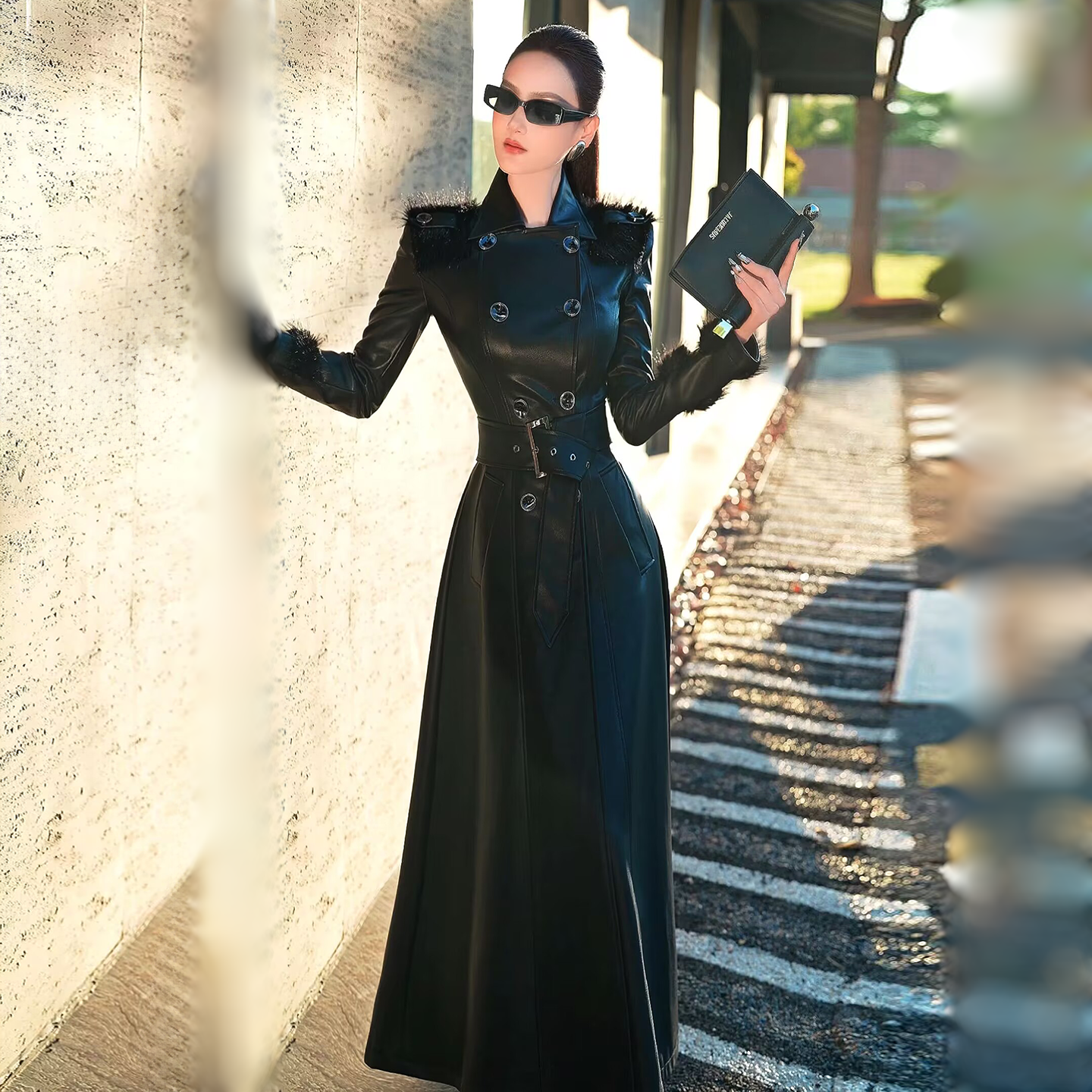 VJE  Black Faux Leather Waist Over Knee Trench Coat-PIA.