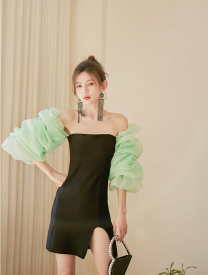 DOLLY Elegant Black Chest Wrap Long Puff Sleeve Slim Fit Short Slit Party Dress-KABRINA