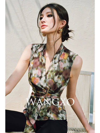 WANGXO | Innovative Weaving Texture Overlapping V-Neck Sleeveless Top -KEIA