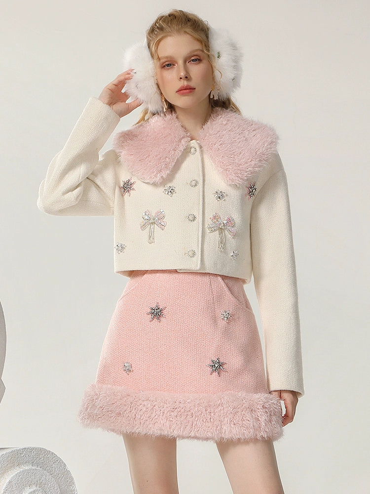 CHECOCRE Chic Romantic Sweet White and Pink Fur Collar Suit - INTENSE