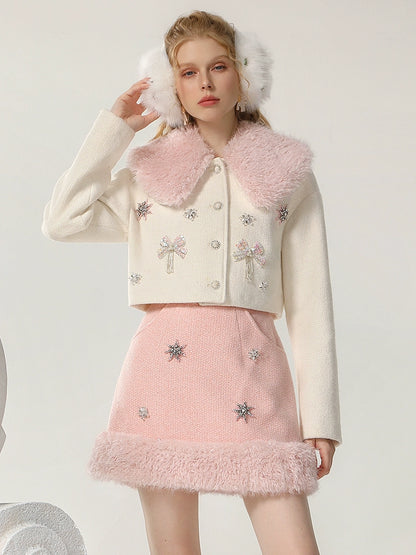 CHECOCRE Chic Romantic Sweet White and Pink Fur Collar Suit - INTENSE