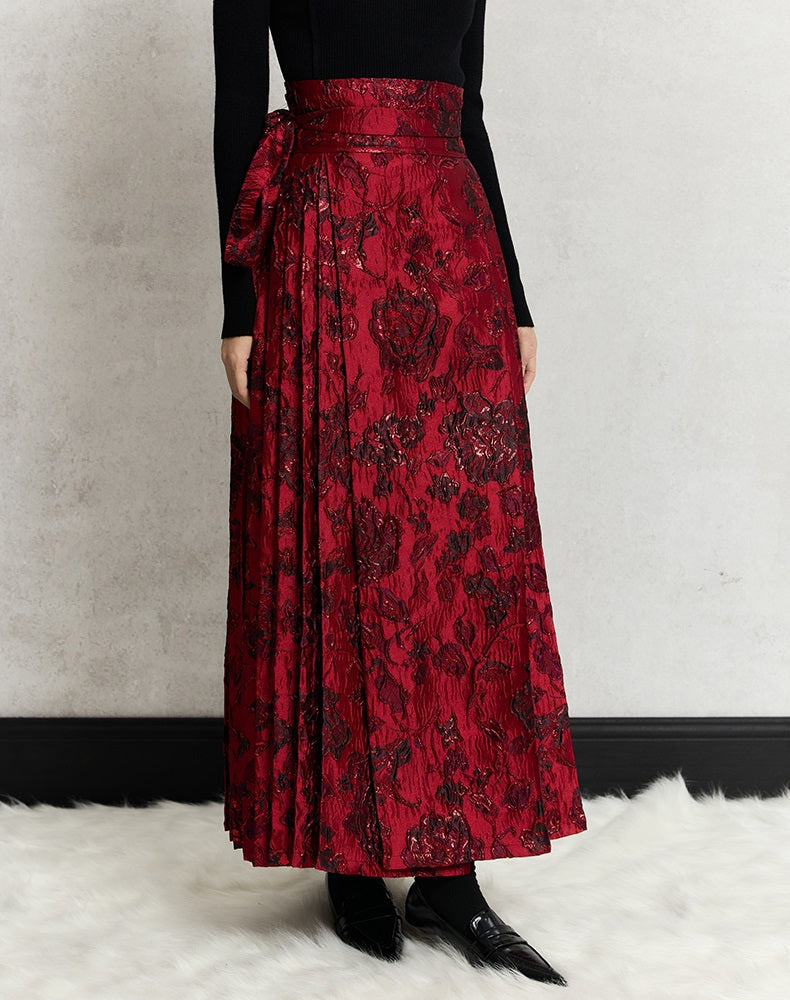 HECO Wear Gold Wire Embossed Horse Face red high waist pleated Skirt - burn.