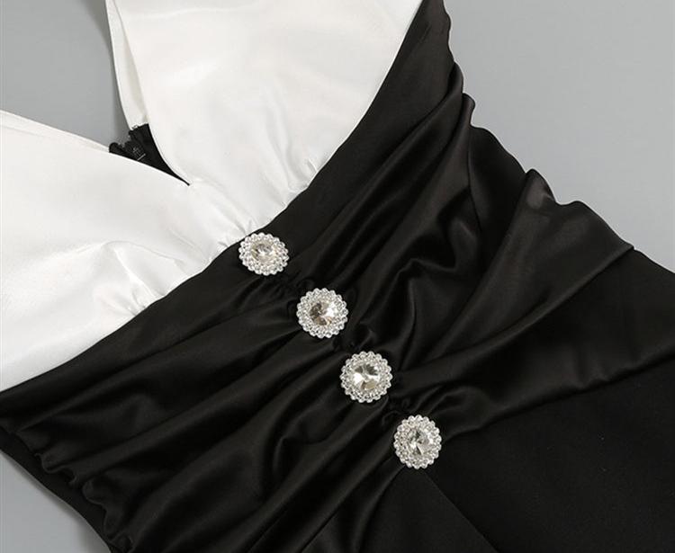 DOLLY Elegant Black and White Deep V-Neck Short Puff Sleeves Slim Fit Office Dress-ZOEY