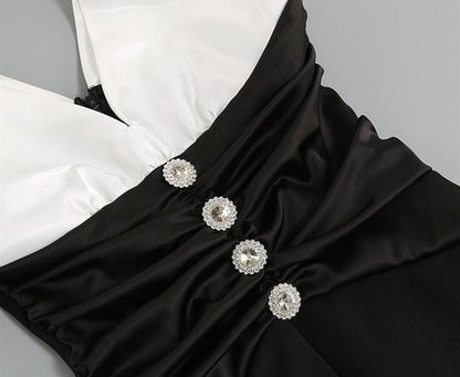 DOLLY Elegant Black and White Deep V-Neck Short Puff Sleeves Slim Fit Office Dress-ZOEY