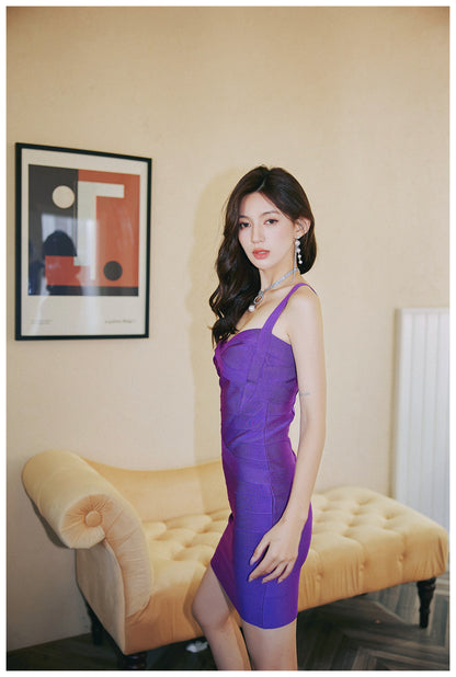 DOLLY Elegant V-Neck Sleeveless High Waist Knitted Midi Suspender Dress-PUNA