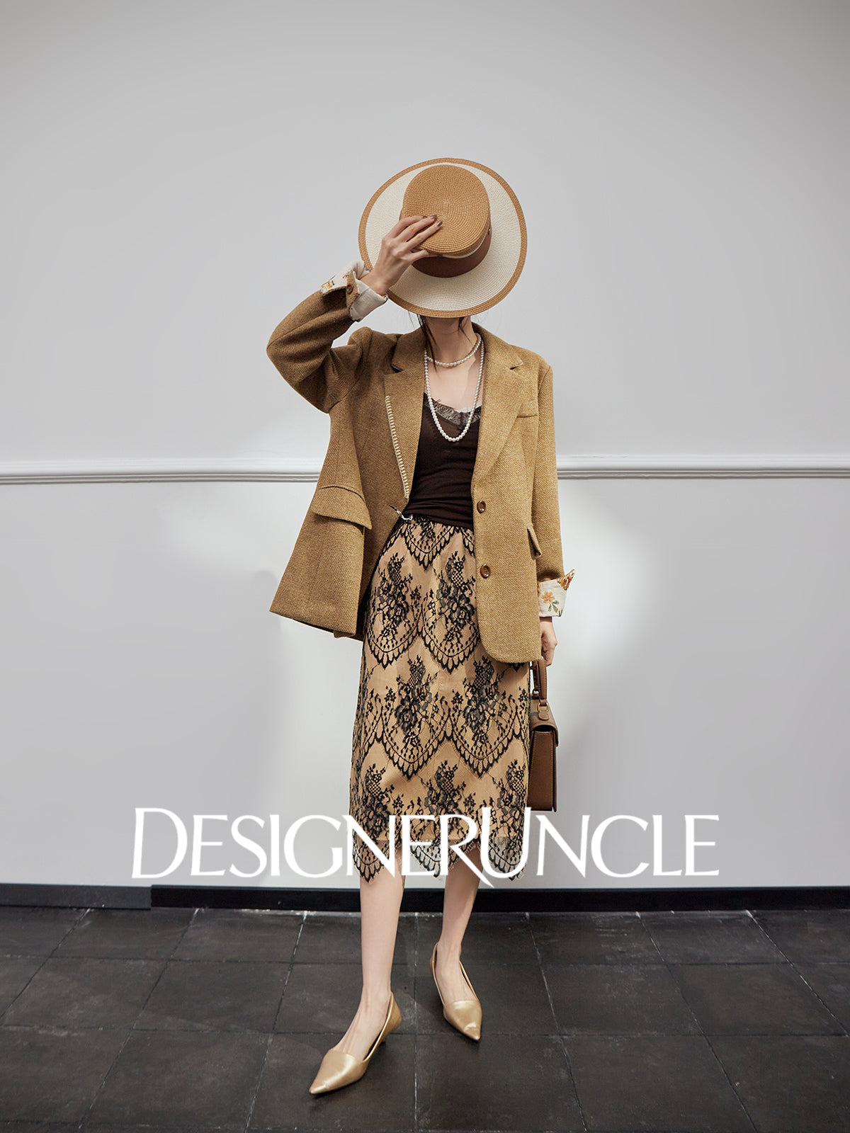 DGU| Coffee Suit Single-Breasted V-Neck Knitted Cardigan Woven Hip Skirt Set - MAKER.