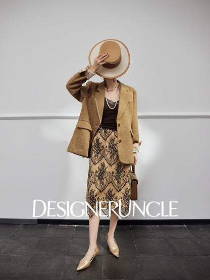 DGU| Coffee Suit Single-Breasted V-Neck Knitted Cardigan Woven Hip Skirt Set - MAKER.
