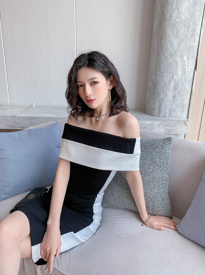 DOLLY Elegant Black and White Off Shoulder Short Sleeve Long Bandage Dress-MAZE