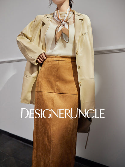 DGU|Beige jacket design sense niche temperament simple loose lapel cropped top - Stephania.