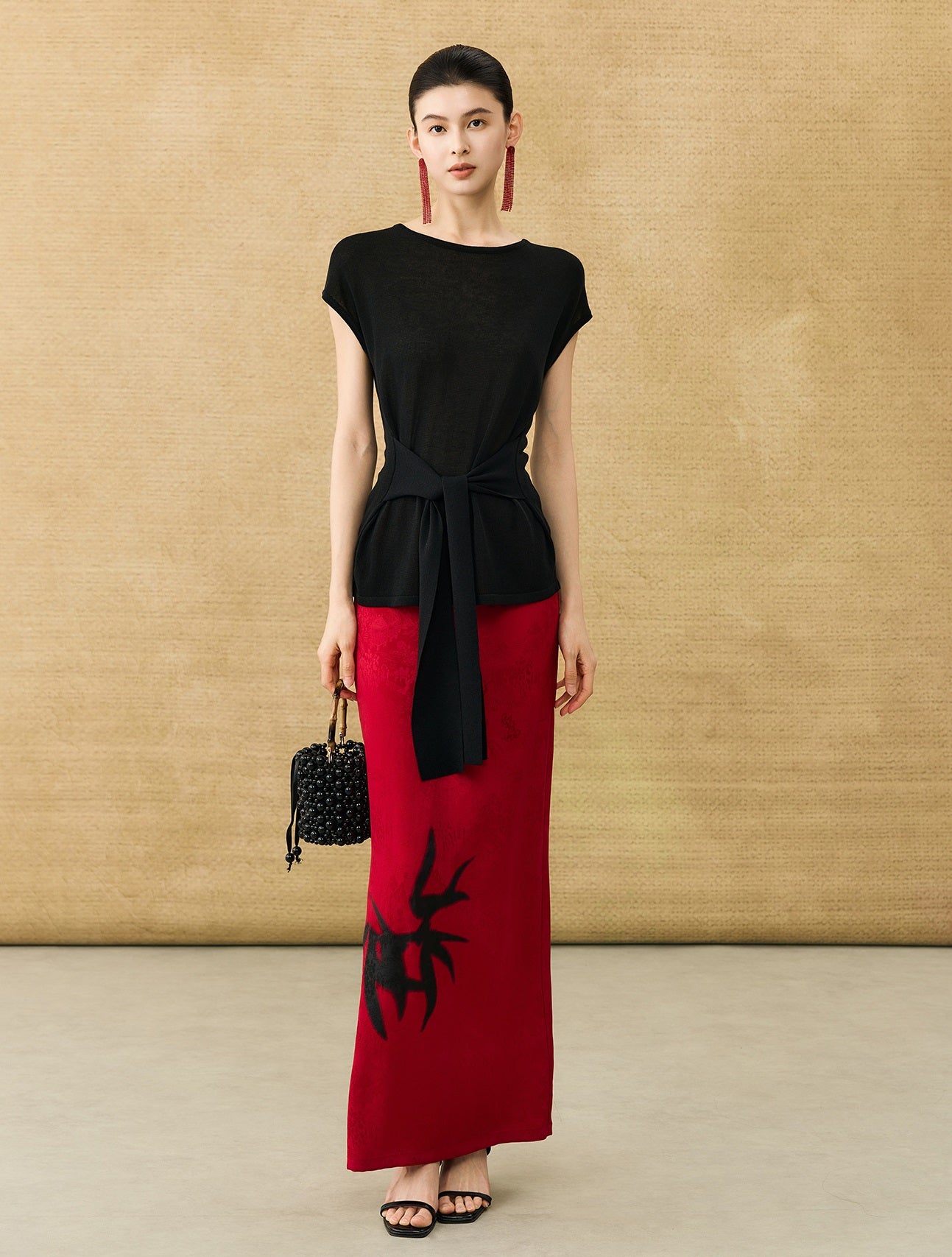 HECO Chinese high-end acetate bamboo feminine temperament printed slit skirt - COLT.