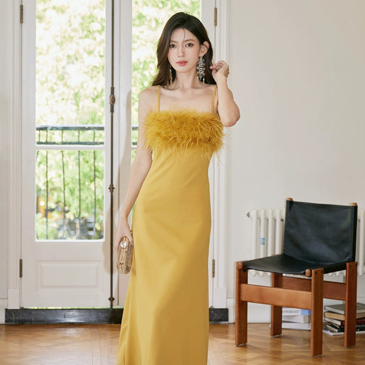 DOLLY Elegant Yellow Feather Tube Top Suspender Long Fish Tail Cocktail Dress-FUFUN