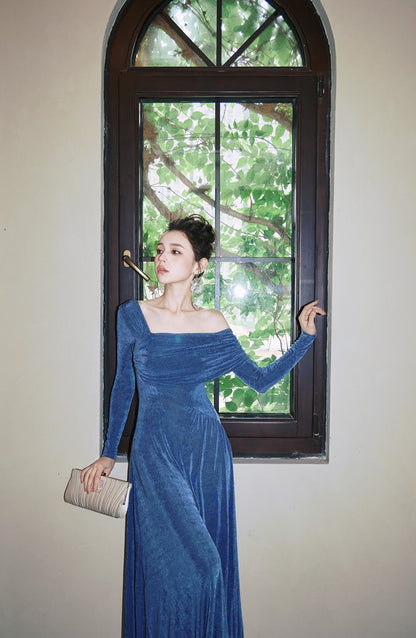 DOLLY Luxury Fog Blue Pleated Off Shoulder Slant Collar Long Sleeve Banquet Dress-MAYA