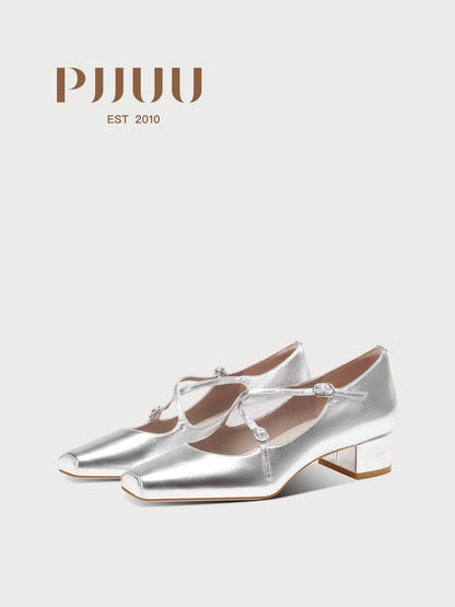 PJJUU French Mary Jane Square Toe Low Thick Heels  - SEDAT.