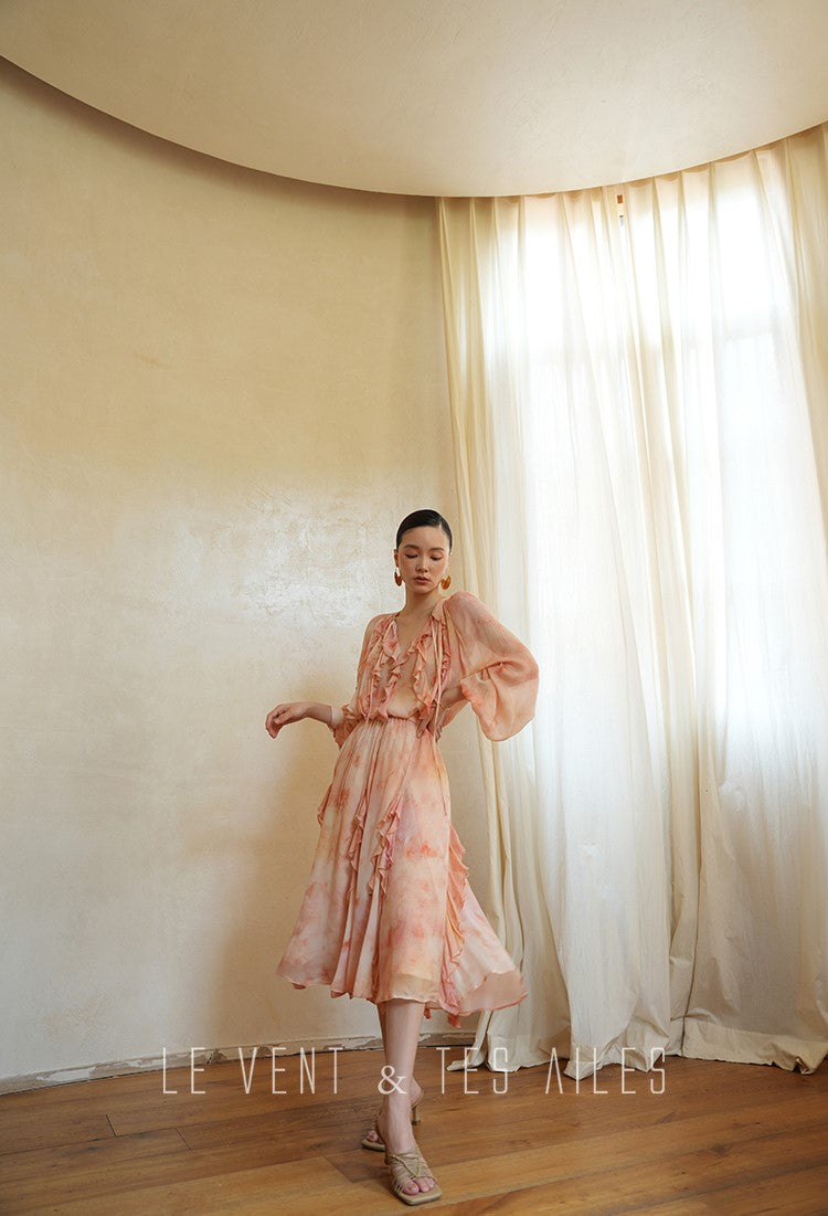 LE VENT& TES AILES Spring summer elegant multicolor silk smudged floral shirt skirt-ENE