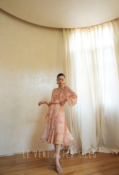 LE VENT& TES AILES Spring summer elegant multicolor silk smudged floral shirt skirt-ENE