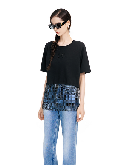 YES BY YESIR | Black Mesh Diamond-Stitched Embroidered Top-EVARIEL.