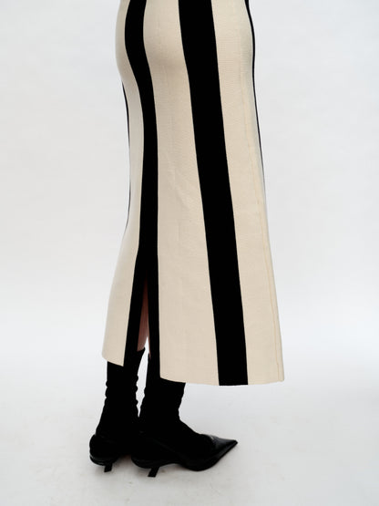 SERRER Black and white vertical stripe knitted slit long skirt - ETHAN.