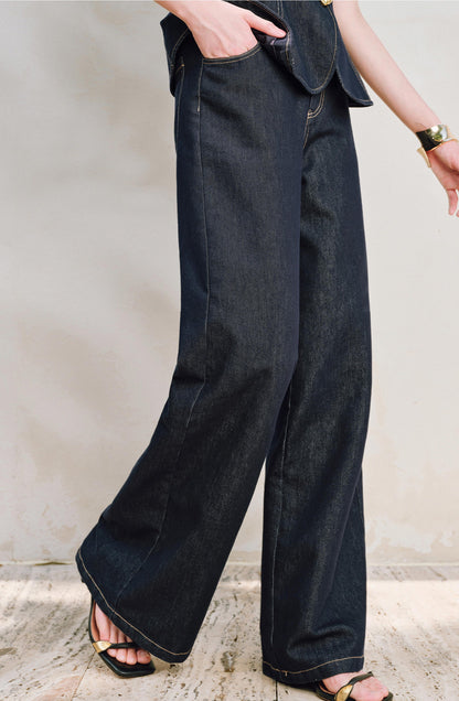WANGXO | Light-Breathing Tencel Cotton Custom Metal Buckle Vest & Wide-Leg Pants Retro Denim Suit-YARA