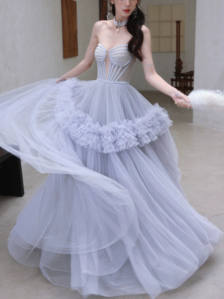 DOLLY Elegant Fog Blue Retro Sleeveless Bandeau High Waist Tutu Dress- (V) S / Blue DOLLY Elegant Fog Blue Retro Sleeveless Bandeau High Waist Tutu Dress- (V) S / Blue