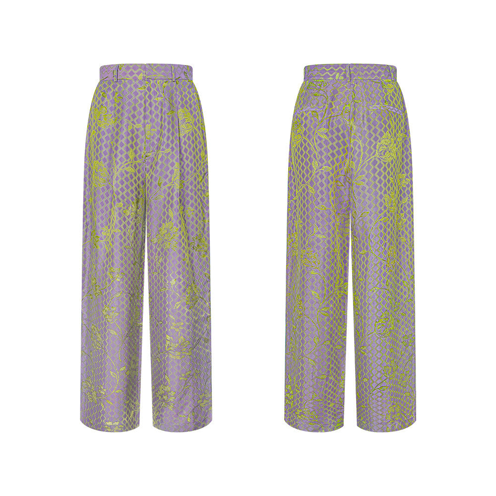 TUYUE Satin Woven Flowers Casual Straight Pants- MICHAEL.