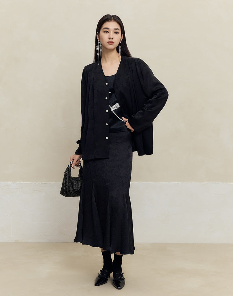 HECO Shan Ting Acetate Jacquard Suit Loose black yellow Top Pants Women - favour.