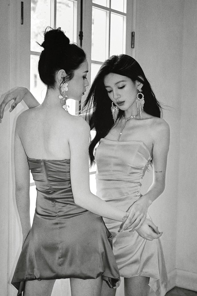 DOLLY Elegant French Style Sleeveless Tube Top Slim Fit Satin Short Dress-KARALINA