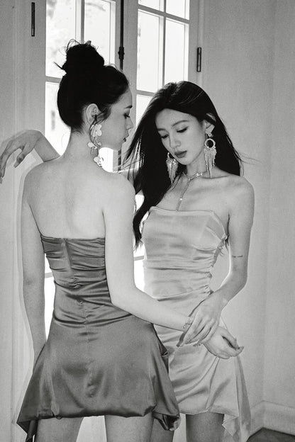 DOLLY Elegant French Style Sleeveless Tube Top Slim Fit Satin Short Dress-KARALINA