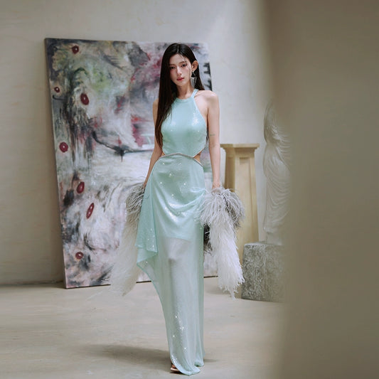 DOLLY Elegant Mint Sleeveless Slim Fit Halter Hollow Long Party Dress-Mint  (V)