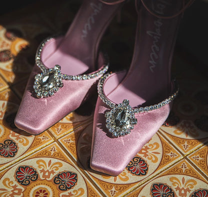 SHOESZOOO French Ankle Strap Stiletto Square Toe Crystal High Heels - MYSELF.