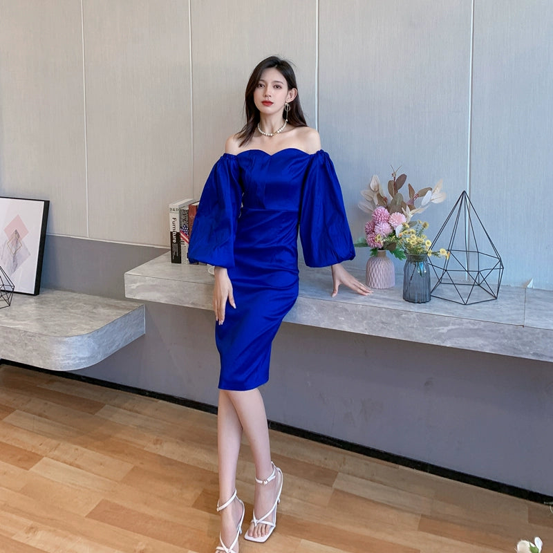 DOLLY High End Retro Style Off Shoulder Long Puff Sleeve Chest Wrap Dress-KILA